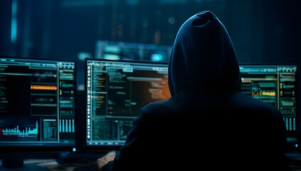 Anonymous individual in a hooded sweatshirt silhouetted against multiple glowing computer screens displaying complex code and data