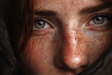 Obraz premium Confident individual with striking blue eyes and freckled complexion gazes intensely while wrapped in a dark fabric, capturing a moment of serious concentration in a close-up setting