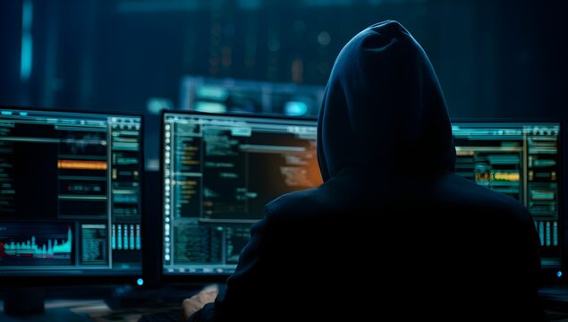 Anonymous individual in a hooded sweatshirt silhouetted against multiple glowing computer screens displaying complex code and data