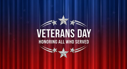 Patriotic Veterans Day celebration background with red and blue curtains and stars, honoring all who served in the military
