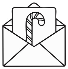 Hand Drawn Christmas Card with Candy Cane in Envelope, Holiday Greetings Concept