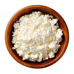  Cottage cheese, curd in wooden bowl, top view isolated on transparent background