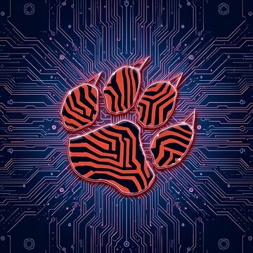 Striking tiger paw print on modern circuit board background for tech branding design