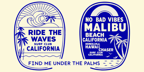 Retro surf club california and malibu beach graphic design with palm trees and ocean waves
