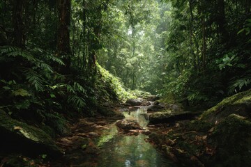 Obraz premium Exploring the lush tropical rain forest of Central America with a serene stream and vibrant vegetation under soft sunlight