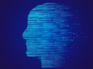 Artificial intelligence with Futuristic Robot Head Side View Digits moving Algorithm Binary code Technology Analysis and blue light effect on dark blue background vector design concept for automation.