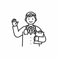 Smiling Doctor Waving with Stethoscope and Clipboard in Line Art Style.