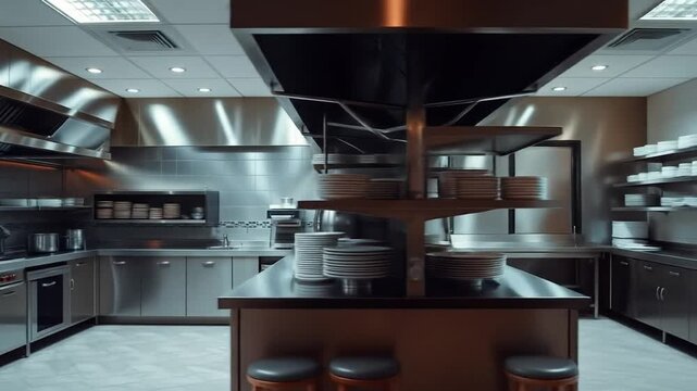 Empty restaurant kitchen with professional equipment. 4k video