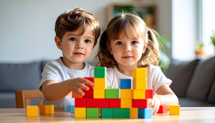 Two cheerful children playing together with colorful building blocks, smiling and creating imaginative structures in a bright playroom