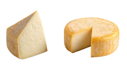 Two types of cheese isolated on transparent background, round and triangle shape