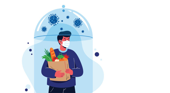 A man wearing a mask and holding a grocery bag stays protected from viruses under a shield. - Powered by Adobe