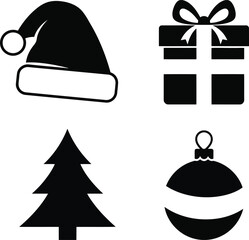 Black silhouette icons of Santa hat gift box Christmas tree and ornament on white background vector