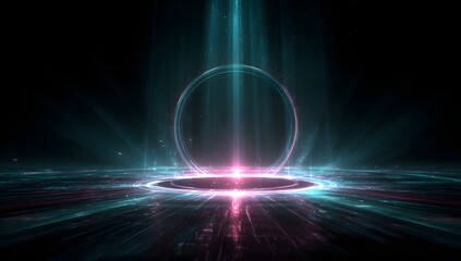Futuristic portal of light and energy with glowing geometric patterns on a dark background