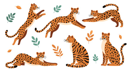 Obraz premium A collection of various big cats in different poses with foliage.