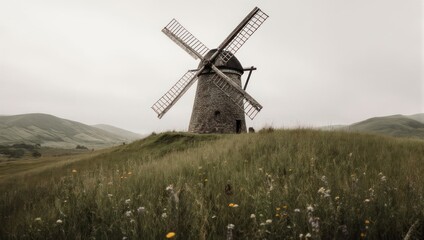 Fototapeta premium A classic stone windmill stands atop a grassy knoll under an overcast sky