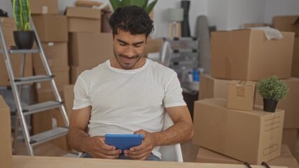 Young hispanic man taps blue tablet screen amidst unpacked cardboard boxes and ladder in building; serenity.