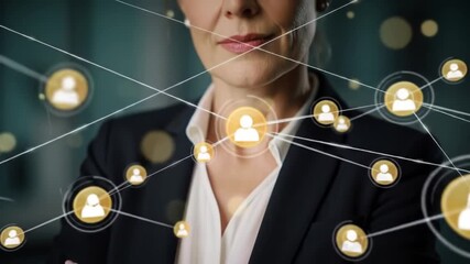 Businesswoman with Black Blazer and White Shirt Connected to a Network of Digital Avatars in a Bokeh Background - Powered by Adobe