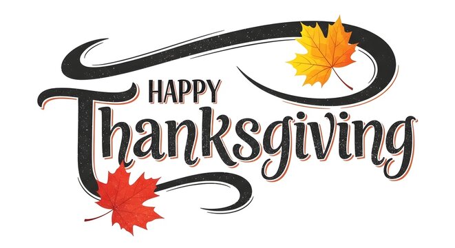 Happy thanksgiving decorative lettering with autumn leaves, isolated on white background