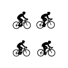 Four silhouettes of cyclists in motion on white background