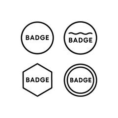 Four stylized badge icons with geometric shapes and wavy line