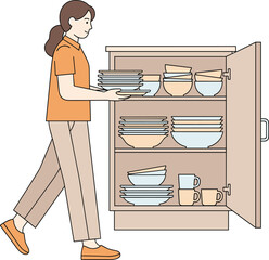 Woman Organizing Clean Dishes in Kitchen Cabinet Vector Illustration | Housework Chore