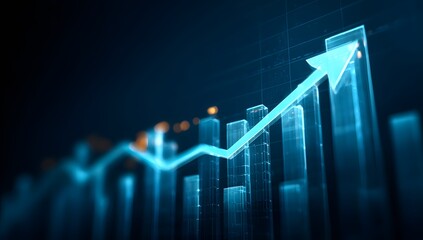 Illuminated blue arrow graph ascending through abstract digital bar chart representing financial growth and success