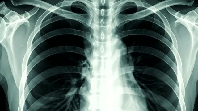 Chest x-ray shows the skeletal structure of a human torso and shoulders.