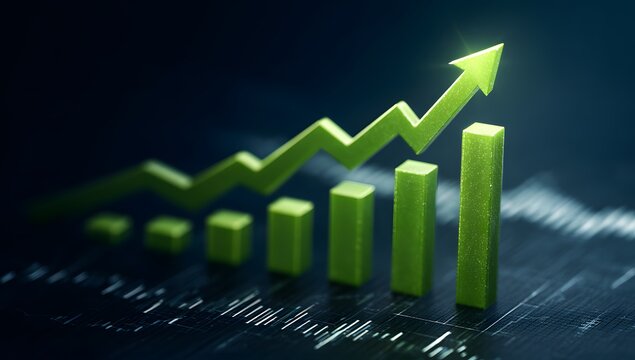 Green upward trending financial graph with rising bars and an arrow indicating positive growth and investment success - Powered by Adobe