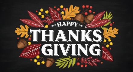 Happy thanksgiving text surrounded by autumn leaves, berries, and acorns on a dark chalkboard background, celebrating the fall harvest season