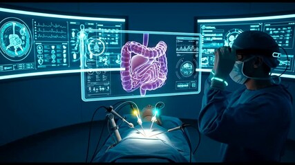 Surgeon uses futuristic holographic technology for advanced internal organ surgery. - Powered by Adobe