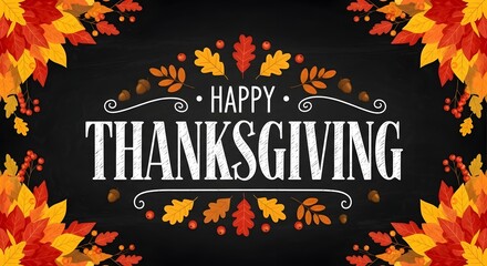 Happy thanksgiving text with autumn leaves and acorns on a black chalkboard background, celebrating the holiday season and harvest