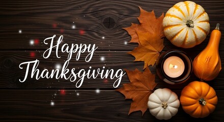 Happy thanksgiving text with pumpkins, autumn leaves, and a lit candle on a dark wooden background, festive holiday greeting