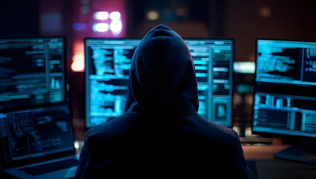 Anonymous individual wearing a hooded sweatshirt silhouetted against multiple glowing computer monitors displaying complex data interfaces in a dimly lit room