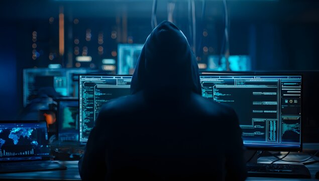 Anonymous individual in a hooded sweatshirt silhouetted against multiple glowing computer screens displaying complex code and data