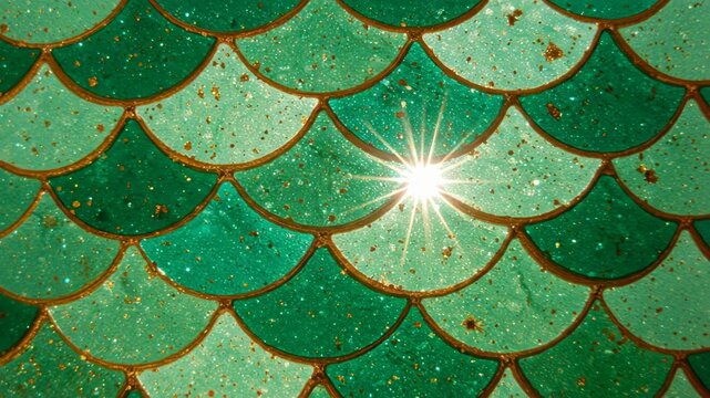 Sparkling emerald green mermaid scale pattern with golden accents