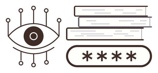 Eye connected to digital nodes, books stacked, and password with asterisks convey themes of knowledge, data protection, privacy, education, communication, technology, and cybersecurity in a simple