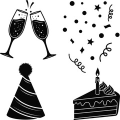 Monochrome Celebration and Birthday Party Icons Set Vector | Champagne Toast, Cake Slice, Hat, and Confetti