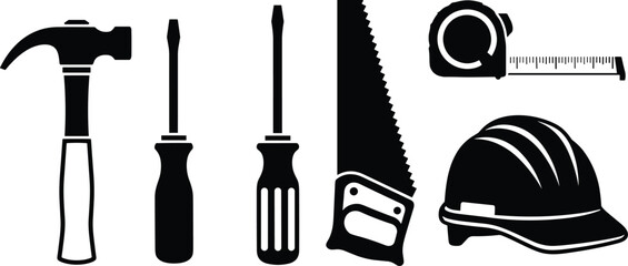 Monochrome Construction and DIY Hand Tools Silhouette Set Vector | Hard Hat, Hammer, Saw, and Screwdriver Icons