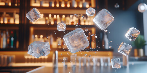 Ice Cubes Floating in the Air, Floating Ice Cubes, Ice in Mid-Air, Cooling Drink Elements, Chilled Ice Cubes, Ice in Motion, Water and Ice Fantasy, Dynamic Ice Flow, Crystal Ice Suspension