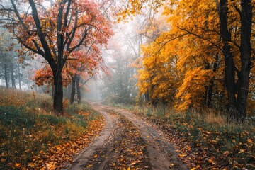 Obraz premium Colorful autumn forest road winding through golden and red leaves with misty atmosphere creating a serene and peaceful landscape