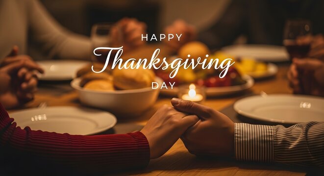 Happy thanksgiving day text overlay on a family gathered around a table, holding hands and praying before a meal, with food and plates visible