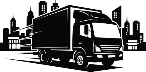 Monochrome Fast Delivery Truck with City Skyline Vector | Urban Logistics and Express Shipping Illustration