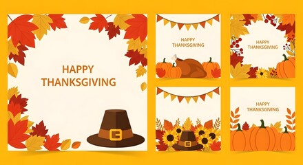 Happy thanksgiving greeting card collection with autumn leaves, pilgrim hat, turkey, pumpkins, and sunflowers, celebrating the harvest season