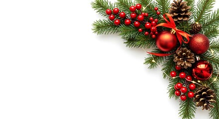 Festive Christmas decoration of pine branches ornaments and red berries