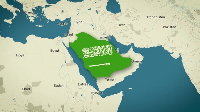 Map of Kingdom of Saudi Arabia, Saudi Arabia - Map Animation - Kingdom of Saudi Arabia from World Map with flag - Vox Map Style - Provinces of Saudi Arabia - Infographic & Documentary Ready - 4K
