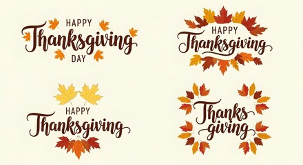 Happy thanksgiving text designs with autumn leaves, isolated on white background