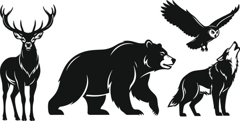 Monochrome Wild Animals Silhouette Set Vector | Deer, Bear, Owl, and Wolf Wildlife Icons