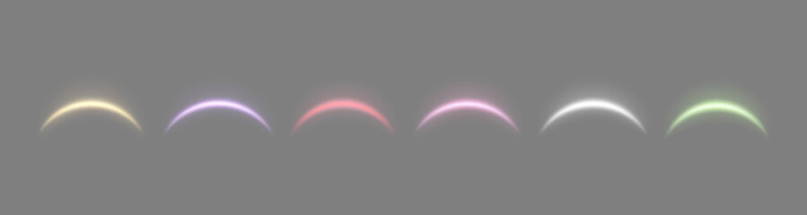 Realistic arches different colors, sunlight lens flare, energy flare arch. Abstract light effect on a grey background. Vector illustration.