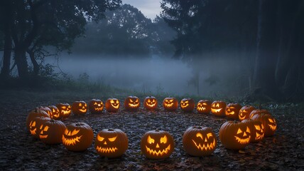 A hauntingly beautiful circle of carved halloween pumpkins illuminated by flickering candlelight in a misty dark forest at twilight