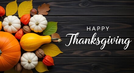 Happy thanksgiving text with pumpkins, gourds, nuts and autumn leaves on a dark wooden background, a festive fall holiday celebration concept